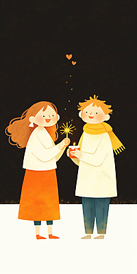 JPG 전신 여자 남자 겨울 일러스트 촛불 불꽃놀이 따뜻함 성인 두명 갈색 귀걸이 목도리 로맨틱 하트 심플 감성 성인만 국내일러스트 AI일러스트 AI콘텐츠 모양 잡화 계절 컬러 컨셉 장신구 초 놀이 사람 파일형식