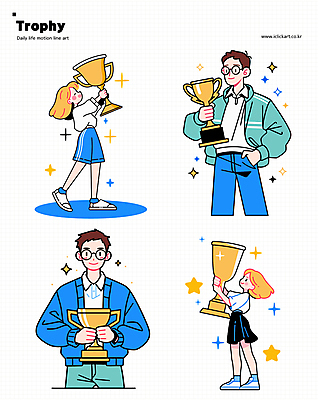 전신 여자 남자 스티커 일러스트 성공 들기 여러명 성인 파란색 경쟁 기쁨 우승 수상_상을받음 목표 상 트로피 시상 우승자 성인만 국내일러스트 AI파일 감정 컬러 다수 컨셉 모션 사람 최고 상_우승 상패 파일형식 벡터