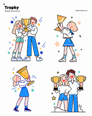 전신 여자 남자 행복 스티커 일러스트 성공 들기 여러명 성인 파란색 경쟁 기쁨 축하 우승 상 트로피 시상 우승자 성인만 국내일러스트 AI파일 감정 컬러 다수 컨셉 모션 사람 최고 상_우승 상패 파일형식 벡터