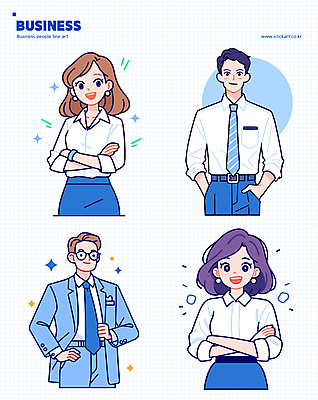 여자 남자 허리손 스티커 일러스트 비즈니스 대화 여러명 상반신 성인 파란색 팔짱 직장인 주머니손 성인만 국내일러스트 AI파일 직업 컬러 포즈 다수 모션 말하기 사람 파일형식 벡터