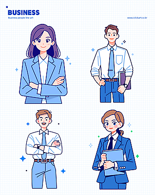 여자 남자 허리손 스티커 일러스트 비즈니스 들기 여러명 상반신 성인 파란색 팔짱 직장인 문서 성인만 국내일러스트 AI파일 직업 컬러 포즈 다수 모션 사람 파일형식 벡터