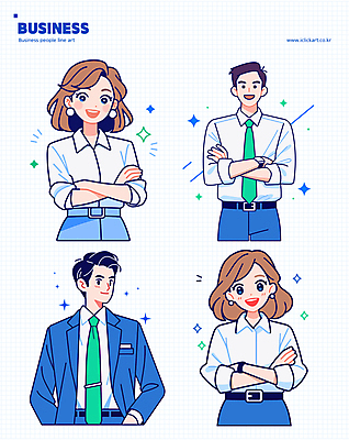 여자 남자 스티커 일러스트 비즈니스 여러명 상반신 성인 파란색 팔짱 직장인 발표 성인만 국내일러스트 AI파일 직업 컬러 다수 모션 사람 파일형식 벡터