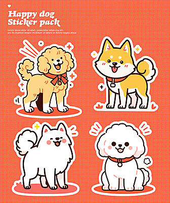 행복 스티커 여러마리 일러스트 사람없음 빨간색 세트 귀여움 강아지 개목걸이 다꾸 국내일러스트 AI파일 감정 컬러 다수 컨셉 반려동물 개 애견용품 신조어 약어 파일형식 벡터
