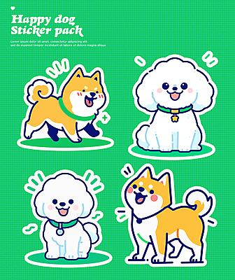행복 스티커 여러마리 일러스트 사람없음 초록색 세트 귀여움 강아지 개목걸이 다꾸 국내일러스트 AI파일 감정 컬러 다수 컨셉 반려동물 개 애견용품 신조어 약어 파일형식 벡터