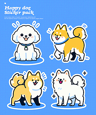 행복 스티커 여러마리 일러스트 사람없음 파란색 세트 귀여움 강아지 개목걸이 다꾸 국내일러스트 AI파일 감정 컬러 다수 컨셉 반려동물 개 애견용품 신조어 약어 파일형식 벡터