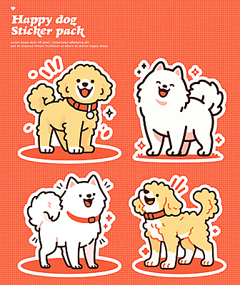 행복 스티커 여러마리 일러스트 사람없음 빨간색 세트 귀여움 강아지 개목걸이 다꾸 국내일러스트 AI파일 감정 컬러 다수 컨셉 반려동물 개 애견용품 신조어 약어 파일형식 벡터