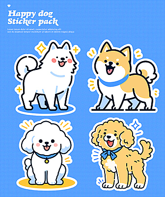 행복 리본 스티커 여러마리 일러스트 사람없음 파란색 세트 귀여움 강아지 개목걸이 다꾸 국내일러스트 AI파일 감정 컬러 다수 컨셉 반려동물 개 애견용품 신조어 약어 파일형식 벡터
