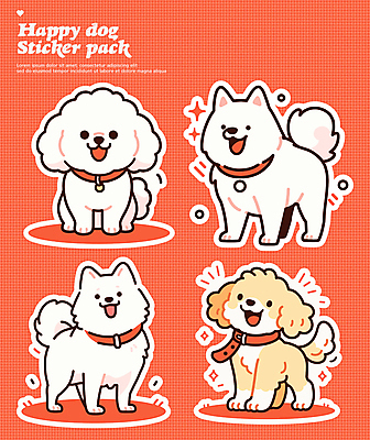 행복 스티커 여러마리 일러스트 사람없음 빨간색 세트 귀여움 강아지 개목걸이 다꾸 국내일러스트 AI파일 감정 컬러 다수 컨셉 반려동물 개 애견용품 신조어 약어 파일형식 벡터