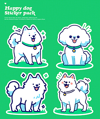 행복 스티커 여러마리 일러스트 사람없음 초록색 세트 귀여움 강아지 개목걸이 다꾸 국내일러스트 AI파일 감정 컬러 다수 컨셉 반려동물 개 애견용품 신조어 약어 파일형식 벡터