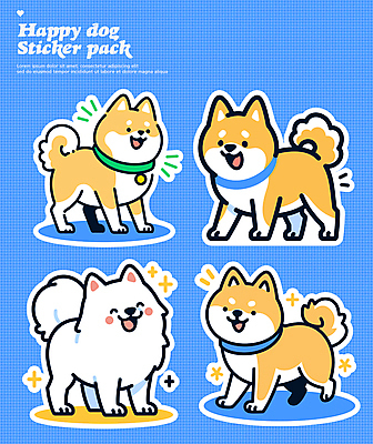 행복 스티커 여러마리 일러스트 사람없음 파란색 세트 귀여움 강아지 개목걸이 다꾸 국내일러스트 AI파일 감정 컬러 다수 컨셉 반려동물 개 애견용품 신조어 약어 파일형식 벡터