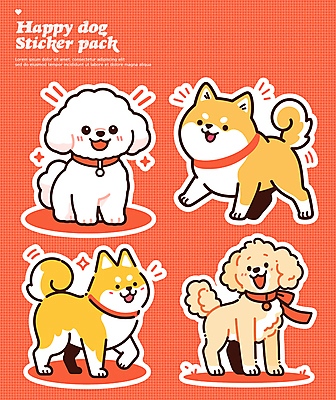 행복 스티커 여러마리 일러스트 사람없음 빨간색 세트 귀여움 강아지 개목걸이 다꾸 국내일러스트 AI파일 감정 컬러 다수 컨셉 반려동물 개 애견용품 신조어 약어 파일형식 벡터