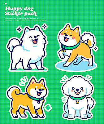행복 스티커 여러마리 일러스트 사람없음 초록색 세트 귀여움 강아지 개목걸이 다꾸 국내일러스트 AI파일 감정 컬러 다수 컨셉 반려동물 개 애견용품 신조어 약어 파일형식 벡터