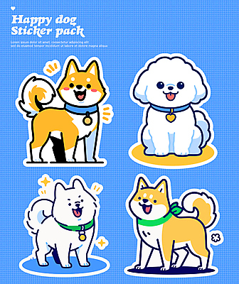 행복 스티커 여러마리 일러스트 사람없음 파란색 세트 귀여움 스카프 강아지 개목걸이 다꾸 국내일러스트 AI파일 감정 컬러 다수 컨셉 반려동물 목도리 개 애견용품 신조어 약어 파일형식 벡터