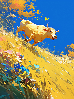 JPG 나비 일러스트 자연 풍경 사람없음 달리기 노란색 평화 가축 목초지 가을 소 국내일러스트 AI일러스트 AI콘텐츠 동물 계절 컬러 곤충 컨셉 포유류 모션 목장 생태계 파일형식 초원_자연