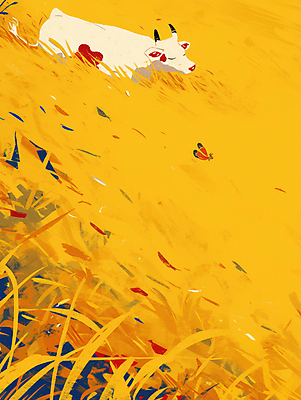 JPG 나비 일러스트 자연 풍경 사람없음 노란색 평화 가축 목초지 가을 소 국내일러스트 AI일러스트 AI콘텐츠 동물 계절 컬러 곤충 컨셉 포유류 목장 생태계 파일형식 초원_자연