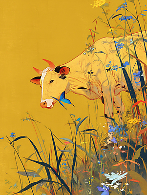 JPG 나비 일러스트 자연 풍경 사람없음 노란색 평화 가축 목초지 가을 소 국내일러스트 AI일러스트 AI콘텐츠 동물 계절 컬러 곤충 컨셉 포유류 목장 생태계 파일형식 초원_자연