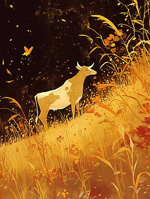 JPG 나비 일러스트 자연 풍경 사람없음 노란색 평화 가축 목초지 가을 소 국내일러스트 AI일러스트 AI콘텐츠 동물 계절 컬러 곤충 컨셉 포유류 목장 생태계 파일형식 초원_자연