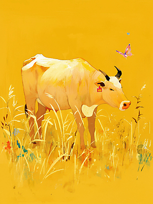 JPG 나비 일러스트 자연 풍경 사람없음 노란색 평화 가축 목초지 가을 소 국내일러스트 AI일러스트 AI콘텐츠 동물 계절 컬러 곤충 컨셉 포유류 목장 생태계 파일형식 초원_자연