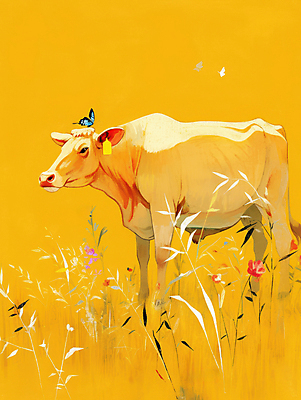 JPG 나비 일러스트 자연 풍경 사람없음 노란색 평화 가축 목초지 가을 소 국내일러스트 AI일러스트 AI콘텐츠 동물 계절 컬러 곤충 컨셉 포유류 목장 생태계 파일형식 초원_자연