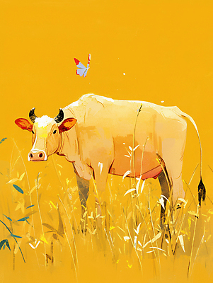 JPG 나비 일러스트 자연 풍경 사람없음 노란색 평화 가축 목초지 가을 소 국내일러스트 AI일러스트 AI콘텐츠 동물 계절 컬러 곤충 컨셉 포유류 목장 생태계 파일형식 초원_자연