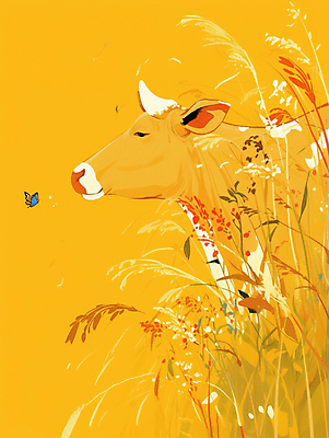 JPG 나비 일러스트 자연 풍경 사람없음 노란색 평화 가축 목초지 가을 소 국내일러스트 AI일러스트 AI콘텐츠 동물 계절 컬러 곤충 컨셉 포유류 목장 생태계 파일형식 초원_자연