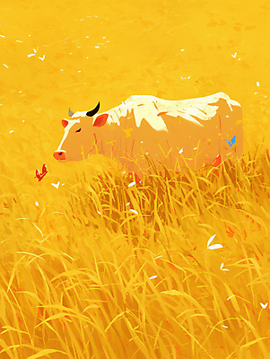 JPG 나비 일러스트 자연 풍경 사람없음 노란색 평화 가축 목초지 가을 소 국내일러스트 AI일러스트 AI콘텐츠 동물 계절 컬러 곤충 컨셉 포유류 목장 생태계 파일형식 초원_자연