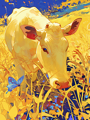 JPG 나비 일러스트 자연 풍경 사람없음 노란색 평화 가축 목초지 가을 소 국내일러스트 AI일러스트 AI콘텐츠 동물 계절 컬러 곤충 컨셉 포유류 목장 생태계 파일형식 초원_자연