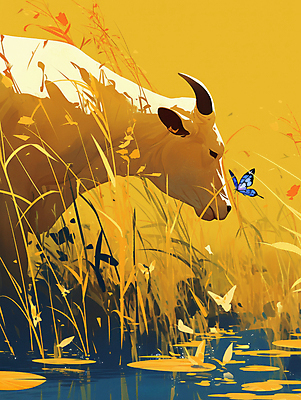 JPG 나비 일러스트 자연 풍경 사람없음 노란색 평화 가축 목초지 가을 소 국내일러스트 AI일러스트 AI콘텐츠 동물 계절 컬러 곤충 컨셉 포유류 목장 생태계 파일형식 초원_자연