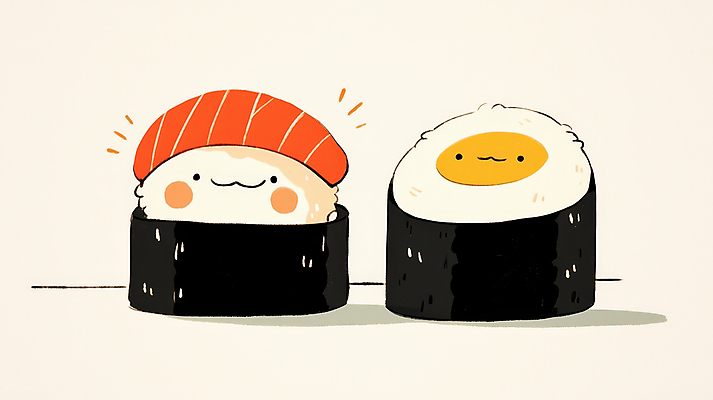 JPG 일러스트 표정 사람없음 귀여움 초밥 생선초밥 롤스시 국내일러스트 AI일러스트 AI콘텐츠 컨셉 일본음식 파일형식