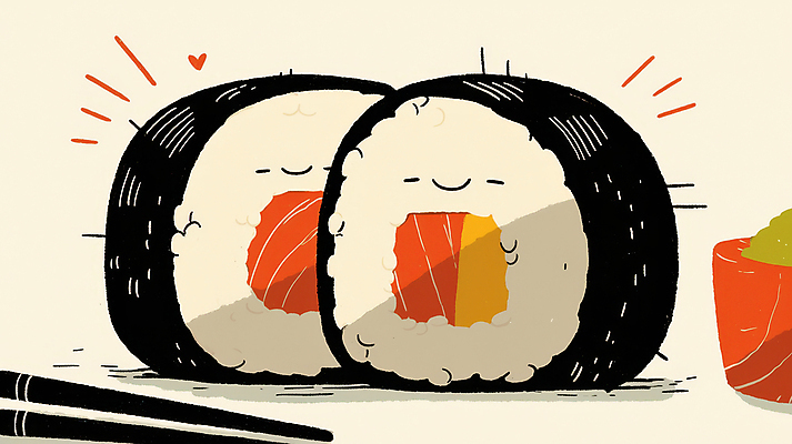 JPG 일러스트 젓가락 표정 사람없음 귀여움 초밥 고추냉이 롤스시 국내일러스트 AI일러스트 AI콘텐츠 컨셉 수저 양념 일본음식 파일형식