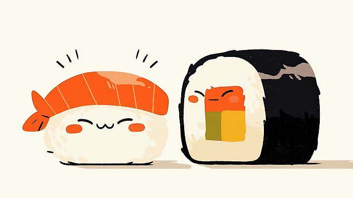 JPG 일러스트 표정 사람없음 귀여움 초밥 생선초밥 롤스시 국내일러스트 AI일러스트 AI콘텐츠 컨셉 일본음식 파일형식