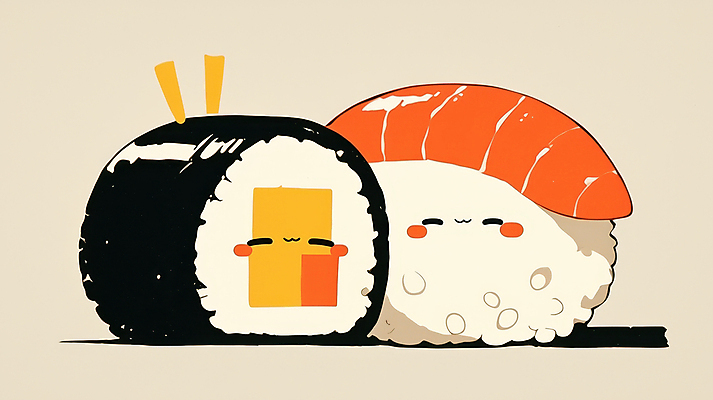 JPG 일러스트 표정 사람없음 귀여움 초밥 생선초밥 롤스시 국내일러스트 AI일러스트 AI콘텐츠 컨셉 일본음식 파일형식