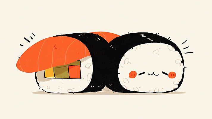 JPG 일러스트 표정 사람없음 귀여움 초밥 생선초밥 롤스시 국내일러스트 AI일러스트 AI콘텐츠 컨셉 일본음식 파일형식