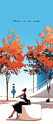 JPG 전신 나무 공원 여자 낙엽 연주 의자 일러스트 자연 나뭇잎 들기 사람 성인 두명 파란색 공연 가을 바이올린 성인여자만 국내일러스트 AI일러스트 AI콘텐츠 식물 계절 공공시설 음악 컬러 가구 잎 모션 현악기 이벤트 생태계 여자만 성인만 파일형식