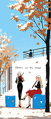 JPG 전신 나무 공원 여자 남자 낙엽 연주 일러스트 난간 거리 풍경 성인 세명 파란색 계단 공연 가을 플루트 바이올린 성인만 국내일러스트 AI일러스트 AI콘텐츠 식물 계절 공공시설 음악 컬러 잎 현악기 관악기 사람 이벤트 파일형식