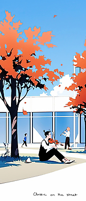 JPG 전신 나무 공원 여자 남자 낙엽 연주 일러스트 풍경 성인 세명 파란색 햇빛 공연 가을 바이올린 성인만 국내일러스트 AI일러스트 AI콘텐츠 식물 계절 공공시설 음악 컬러 잎 현악기 사람 이벤트 태양 파일형식