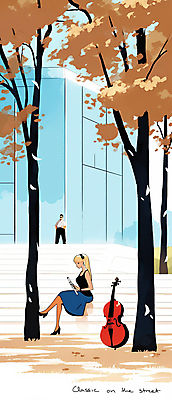 JPG 전신 나무 공원 여자 남자 낙엽 연주 일러스트 자연 앉기 풍경 성인 두명 파란색 계단 공연 가을 플루트 첼로 성인만 국내일러스트 AI일러스트 AI콘텐츠 식물 계절 공공시설 음악 컬러 잎 모션 관악기 사람 이벤트 생태계 파일형식 찰현악기