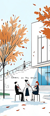 JPG 전신 나무 공원 여자 남자 낙엽 연주 의자 일러스트 앉기 풍경 여러명 성인 파란색 계단 공연 바이올린 성인만 국내일러스트 AI일러스트 AI콘텐츠 식물 공공시설 음악 컬러 가구 다수 잎 모션 현악기 사람 이벤트 파일형식