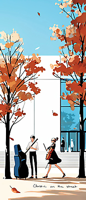 JPG 전신 나무 공원 여자 남자 낙엽 연주 일러스트 여러명 성인 파란색 공연 가을 플루트 바이올린 성인만 국내일러스트 AI일러스트 AI콘텐츠 식물 계절 공공시설 음악 컬러 다수 잎 현악기 관악기 사람 이벤트 파일형식