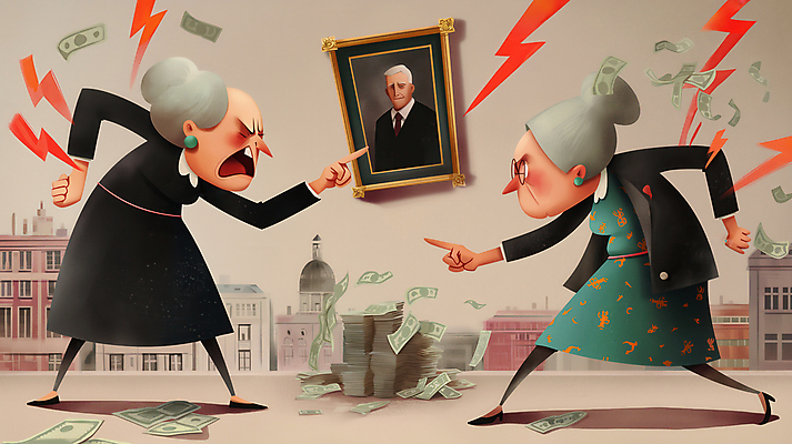 JPG 편집이미지 여자 할아버지 노년 남자 할머니 액자 지폐 성인 건물 세명 가리킴 재산 돈다발 싸움 분쟁 노인만 상속 편집실사 AI컴퓨터그래픽 AI콘텐츠 건축물 돈 모션 사람 손짓 금융 CG 성인만 파일형식