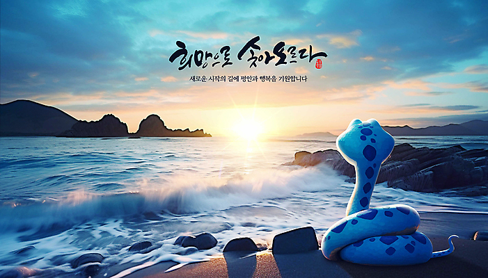 PSD 구름 편집이미지 파도 바다 하늘 사람없음 태양 일출 희망 뱀띠 새해복많이받으세요 갯바위 신년카드 청사 을사년 이미지편집 푸른뱀 푸른뱀캐릭터 자연요소 감정 새해 카드_감사 노을 바위_돌 십이지신 뱀 뱀캐릭터 파일형식 2025년