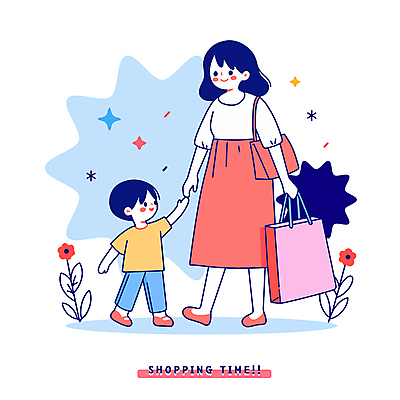 전신 여자 남자 꽃 아들 어린이 분홍색 일러스트 엄마 들기 소년 성인 두명 쇼핑 쇼핑백 손잡기 핸드백 키치 국내일러스트 AI파일 식물 컬러 컨셉 가방 가족 모션 사람 파일형식 벡터