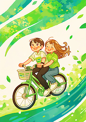 JPG 전신 커플 여자 남자 어린이 일러스트 자연 소녀 소년 두명 초록색 자연보호 자전거 풀잎 보호 즐거움 에코 친환경 어린이만 국내일러스트 AI일러스트 AI콘텐츠 감정 컬러 컨셉 잎 관계 사람 환경 바이크 풀_식물 생태계 파일형식