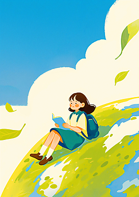 JPG 전신 구름 여자 교복 지구 어린이 일러스트 자연 하늘 한명 들기 소녀 책 초록색 독서 자연보호 풀잎 에코 친환경 소녀한명만 국내일러스트 AI일러스트 AI콘텐츠 자연요소 1 옷 컬러 잎 모션 사람 환경 풀_식물 보호 생태계 여자한명만 소녀만 파일형식