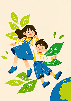 JPG 전신 여자 남자 지구 어린이 일러스트 자연 소녀 소년 두명 공중 초록색 자연보호 환경 손잡기 풀잎 보호 에코 친환경 어린이만 국내일러스트 AI일러스트 AI콘텐츠 컬러 컨셉 잎 모션 사람 풀_식물 생태계 파일형식