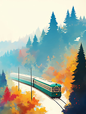 JPG 나무 여행 일러스트 자연 단풍나무 풍경 사람없음 가을풍경 기차 가을 숲 기차여행 국내일러스트 AI일러스트 AI콘텐츠 식물 계절 육상교통 단풍 대중교통 생태계 파일형식 가을_계절