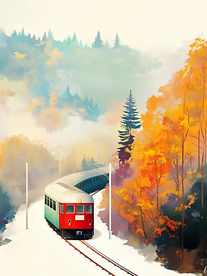 JPG 나무 여행 일러스트 자연 단풍나무 풍경 사람없음 가을풍경 기차 안개 가을 숲 기차여행 국내일러스트 AI일러스트 AI콘텐츠 식물 계절 육상교통 단풍 날씨 대중교통 생태계 파일형식 가을_계절