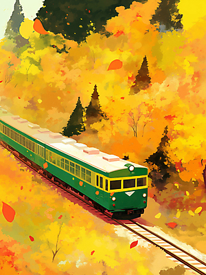 JPG 여행 단풍 일러스트 자연 풍경 사람없음 노란색 가을풍경 기차 가을 숲 은행나무 기차여행 국내일러스트 AI일러스트 AI콘텐츠 나무 계절 육상교통 컬러 잎 대중교통 생태계 파일형식 가을_계절