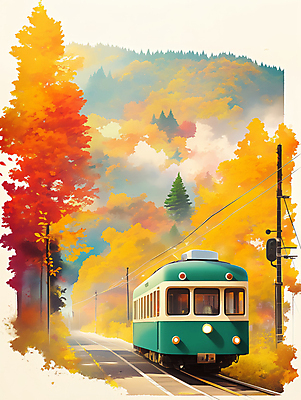 JPG 나무 여행 단풍 일러스트 자연 단풍나무 풍경 사람없음 가을풍경 기차 가을 숲 전봇대 은행나무 기차여행 국내일러스트 AI일러스트 AI콘텐츠 식물 계절 공공시설 육상교통 잎 대중교통 생태계 파일형식 가을_계절