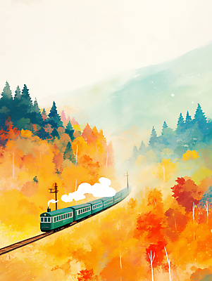 JPG 나무 여행 일러스트 자연 단풍나무 산 풍경 사람없음 가을풍경 기차 가을 은행나무 기차여행 국내일러스트 AI일러스트 AI콘텐츠 식물 계절 육상교통 단풍 대중교통 생태계 파일형식 가을_계절